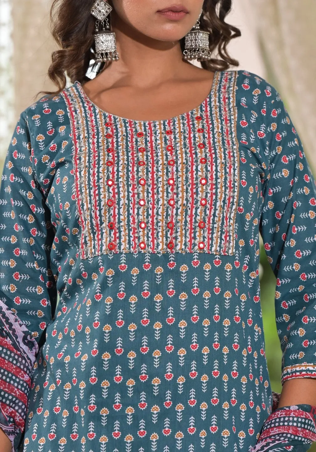 Teal Blue Ethnic Motif Printed Cotton Kurta, Pant And Dupatta Set With Zari & Thread Work