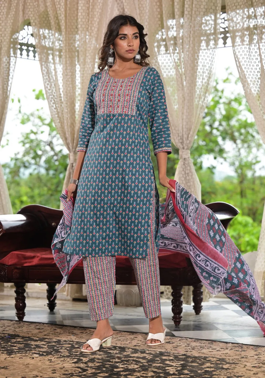 Teal Blue Ethnic Motif Printed Cotton Kurta, Pant And Dupatta Set With Zari & Thread Work