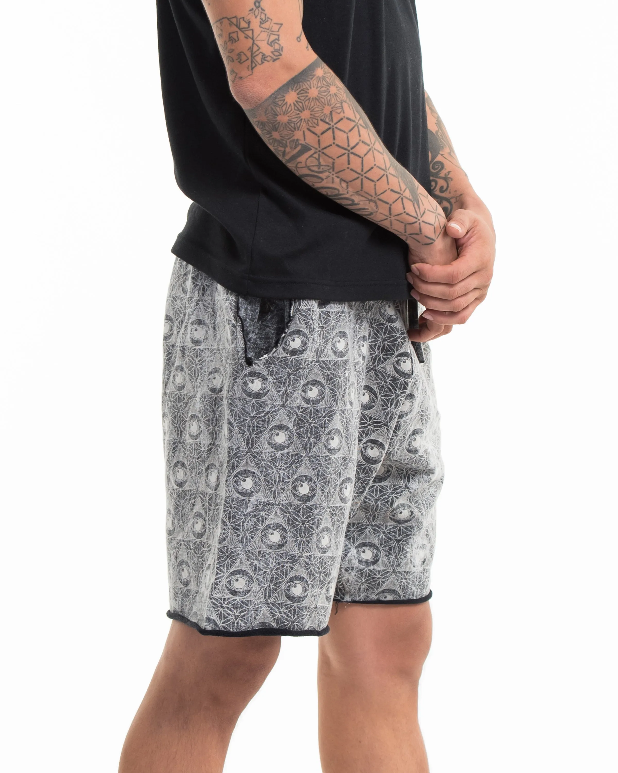 Unisex Pyramid Eye Stone Washed Shorts in Black