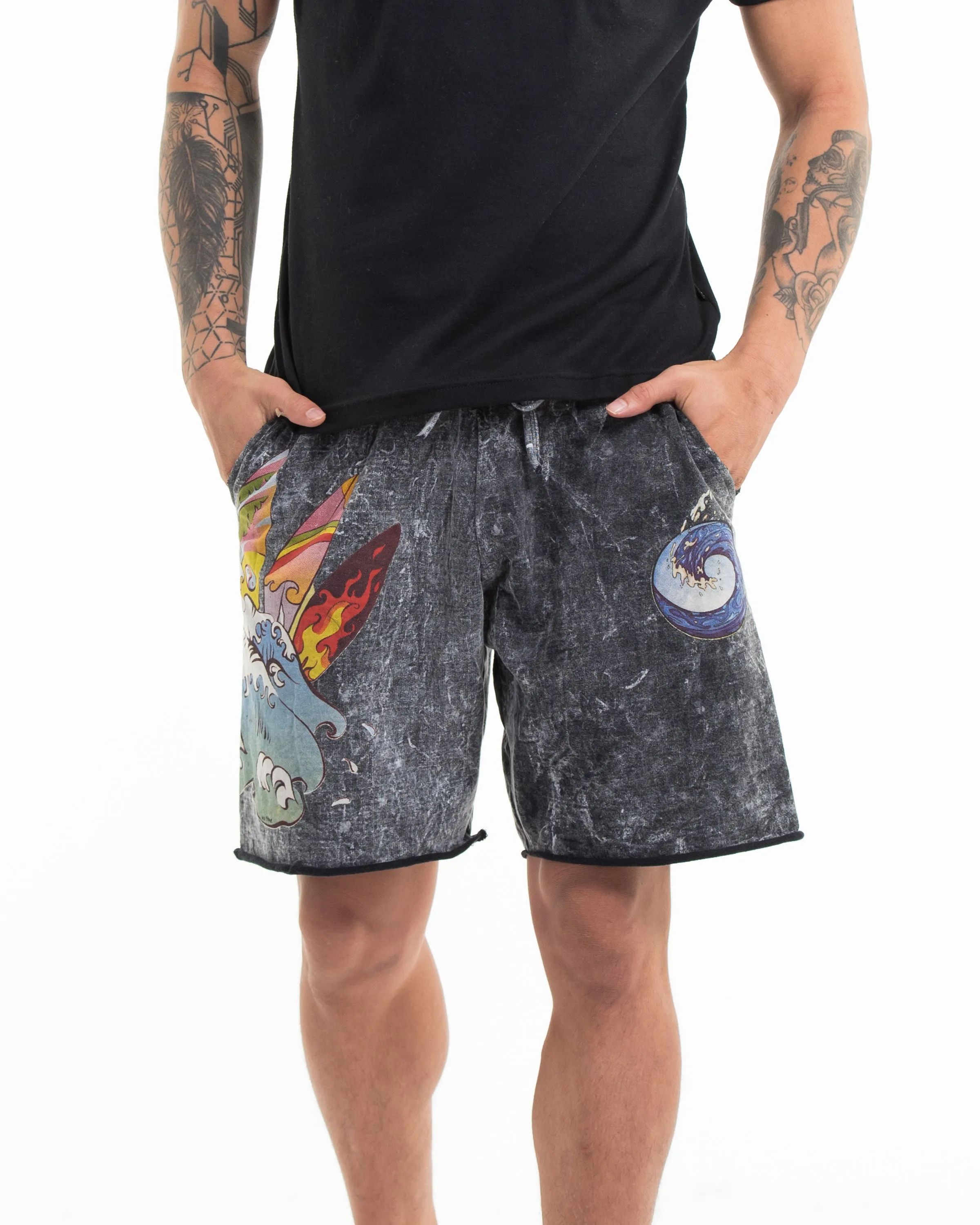 Unisex Wave Stone Washed Shorts in Black