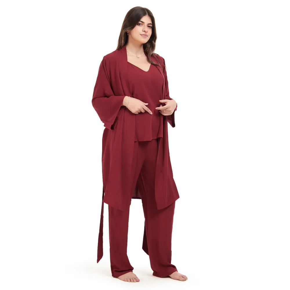 Women summer 3 piece pajama set  Dark Red Top   Dark Red kimono & Pants