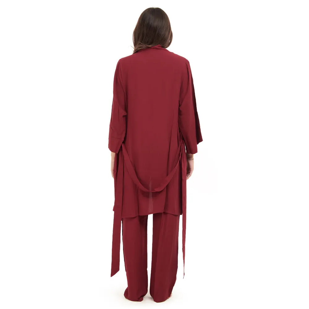 Women summer 3 piece pajama set  Dark Red Top   Dark Red kimono & Pants
