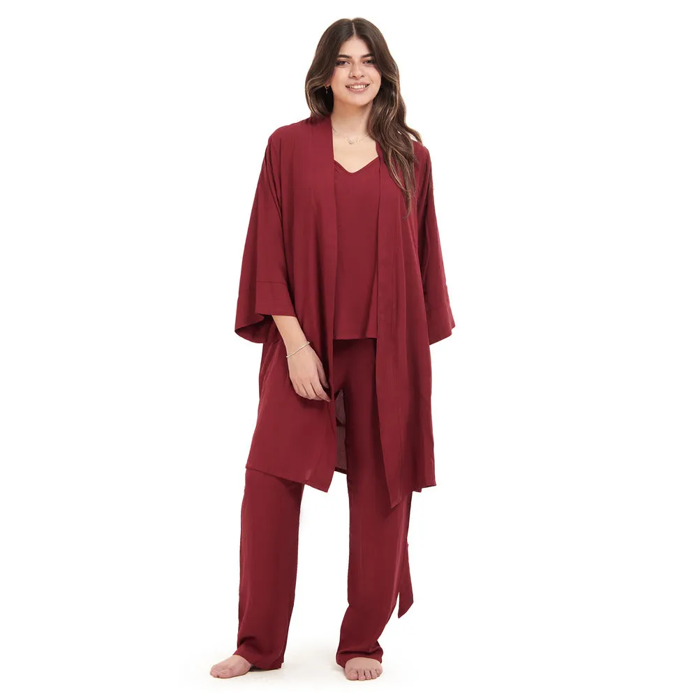 Women summer 3 piece pajama set  Dark Red Top   Dark Red kimono & Pants