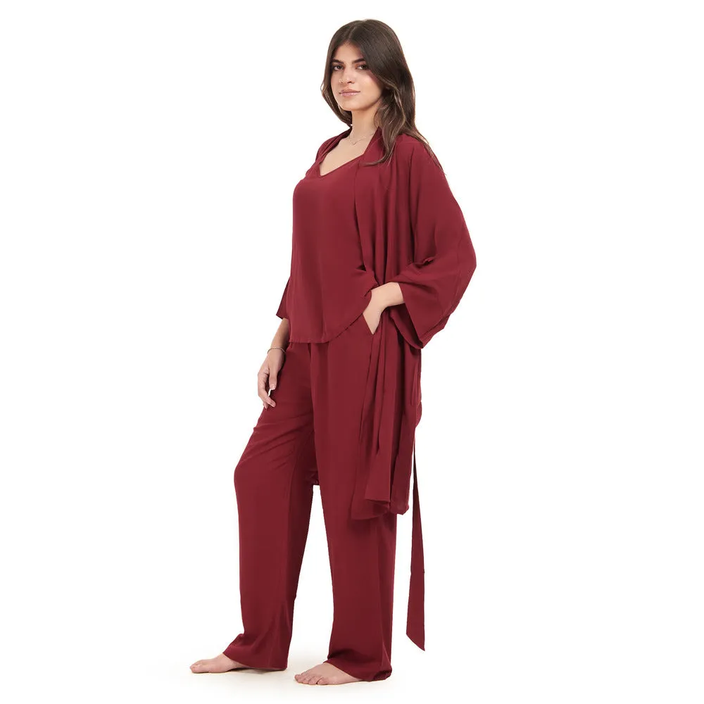 Women summer 3 piece pajama set  Dark Red Top   Dark Red kimono & Pants