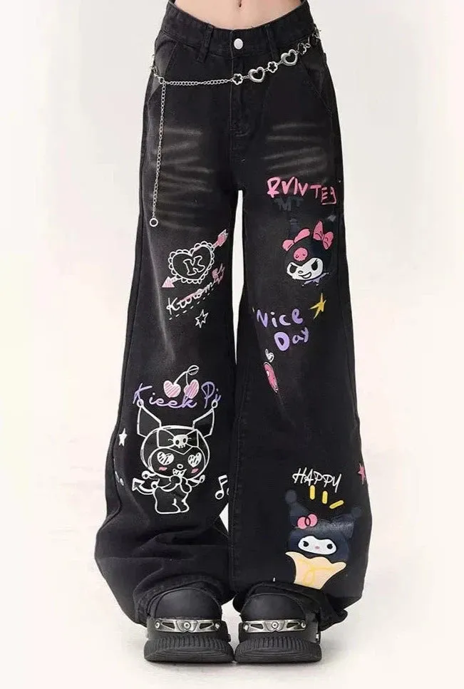 Young Eyes Purple Devil Black Blue Graphics Denim Jeans Pants