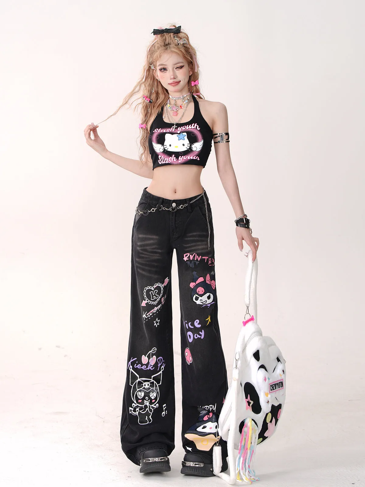 Young Eyes Purple Devil Black Blue Graphics Denim Jeans Pants