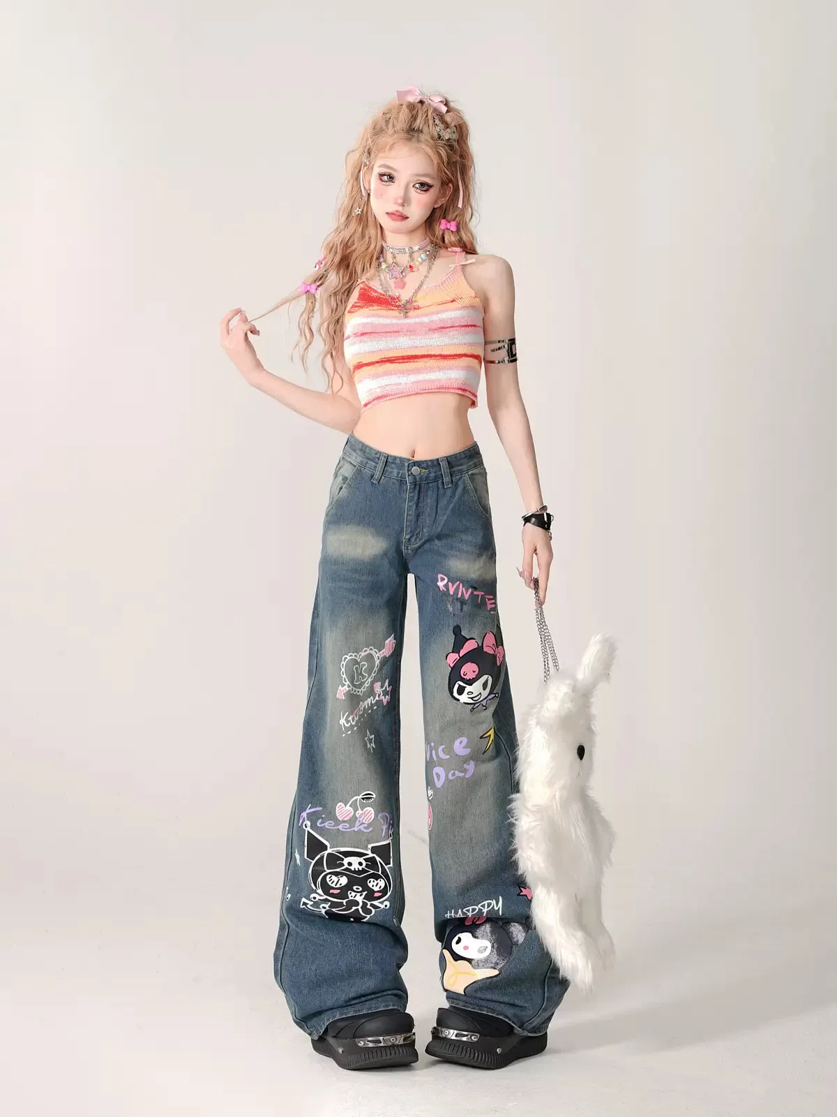 Young Eyes Purple Devil Black Blue Graphics Denim Jeans Pants